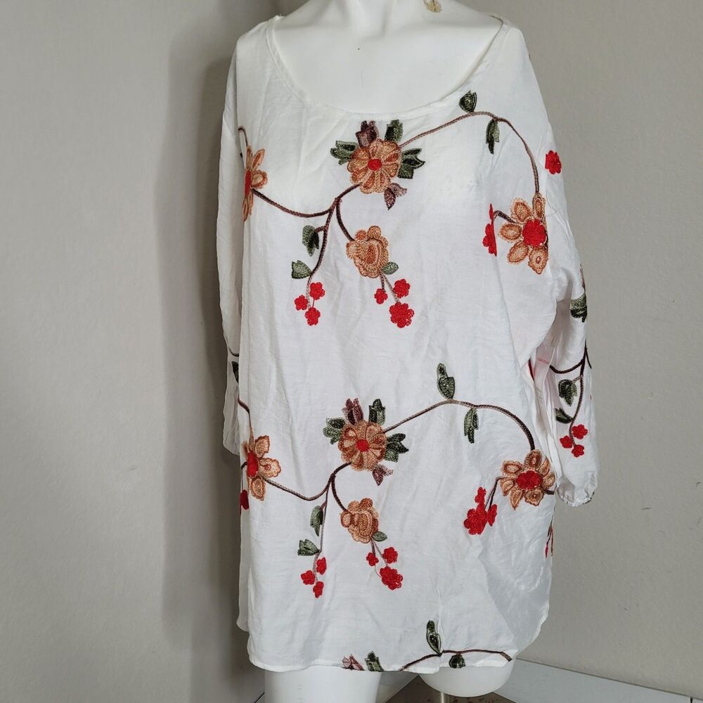 NEW Parami Design 2X blouse women sheer embroidered flower scoop neck longsleeve